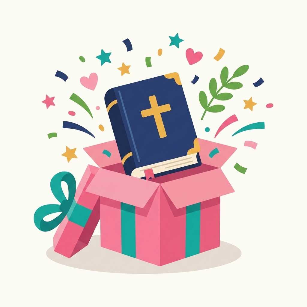 Illustration of a navy blue children’s Bible bursting out of a pink gift box with confetti