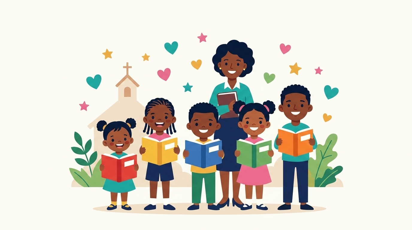 Illustration of a Sunday school group holding matching colourful books with their teacher
