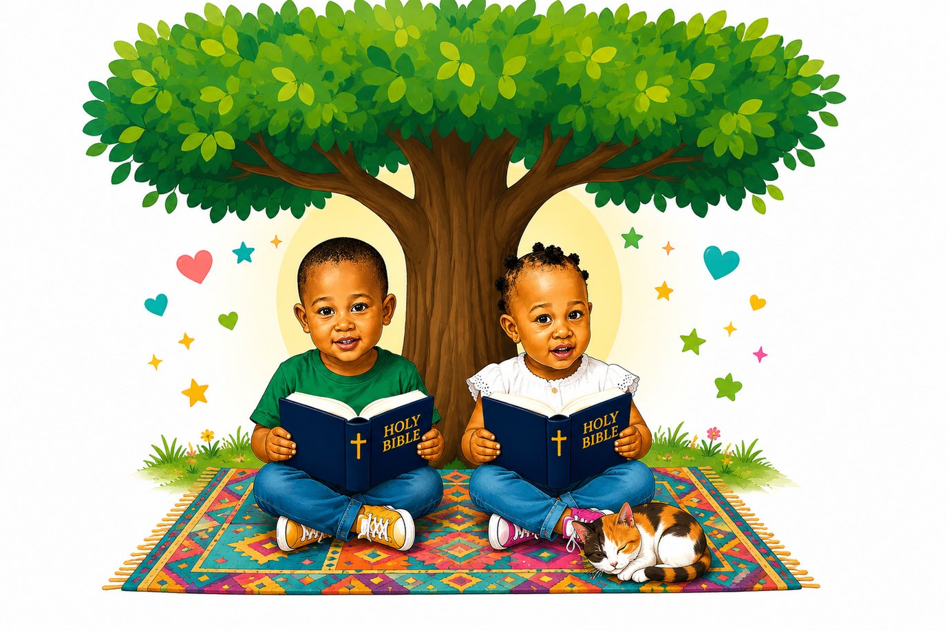 Illustration of two young children sitting on a colourful rug under a tree, each reading a Bible, with a cat curled up beside them